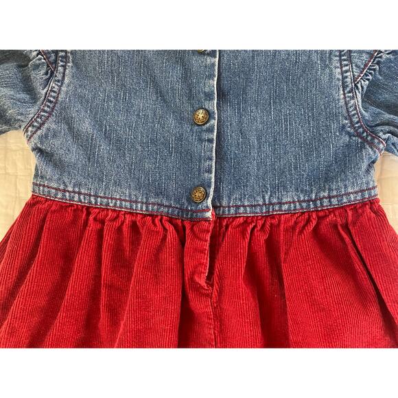 Osh Kosh B Gosh Dress Denim & Red Corduroy Rosebud Applique Ruffle Hem Size 4T - Picture 8 of 12